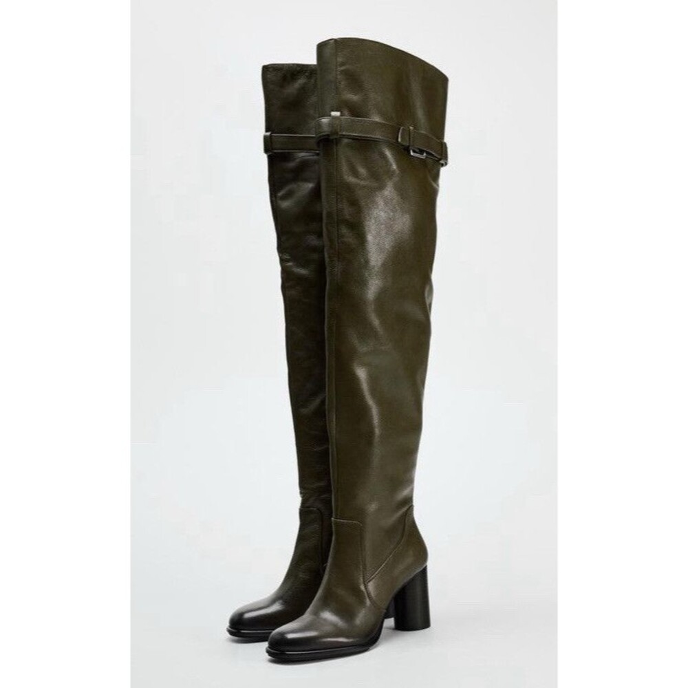 ZARA NEW WOMAN KNEE HIGH WIDE-LEG LEATHER HIGH-HEEL BOOTS GREEN SIZE 8 1016/410